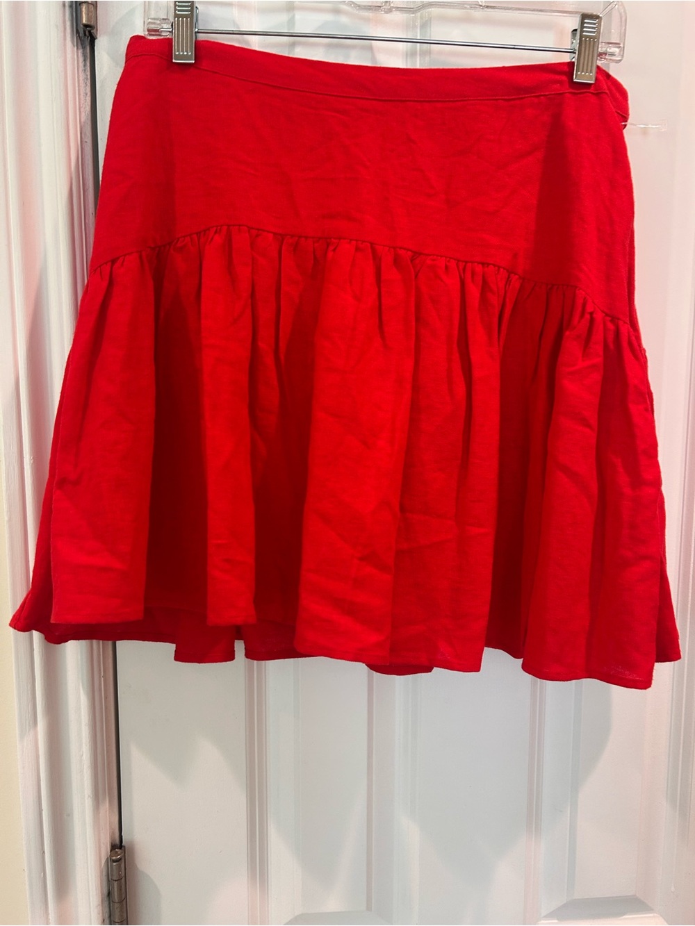 New Avec Les Filles Red Linen Blend Tiered Mini Skirt Flowy A-Line Ruffle Hem 2 - Picture 5 of 7